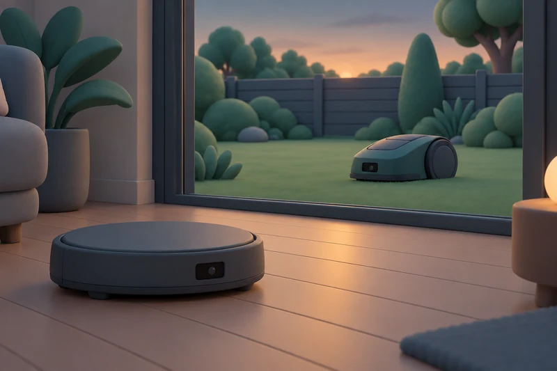 Ein flacher, runder Saugroboter mit kleinem Kamerafenster auf einem Holzboden; draußen hinter der Terrassentür fährt ein Mähroboter mit Kamera über den Rasen vor einem Gartenzaun.