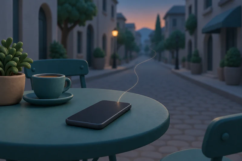Ein Smartphone mit dunklem Bildschirm liegt auf einem Cafétisch neben einer Tasse; ein feiner Lichtfaden steigt vom Handy auf und verliert sich über der Straße.