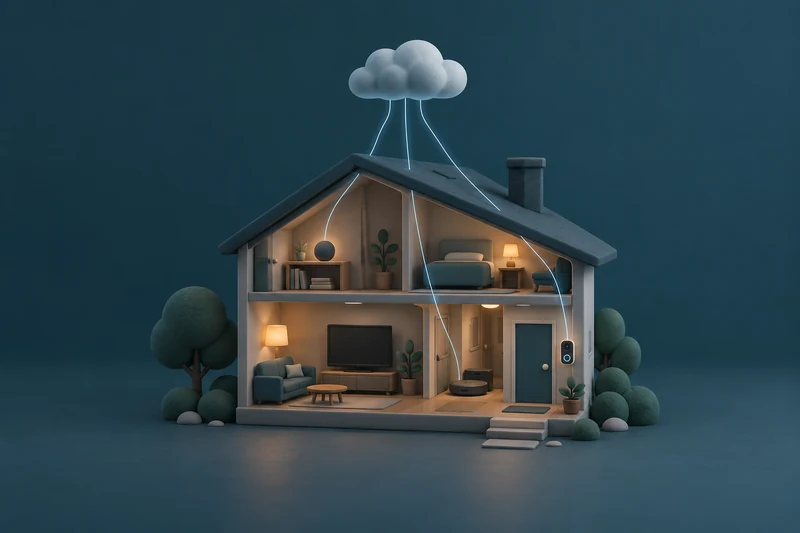 Ein aufgeschnittenes Haus wie ein Puppenhaus: Fernseher im Wohnzimmer, Lautsprecher auf einem Regal, Saugroboter im Flur, Videoklingel neben der Tür. Von Lautsprecher, Roboter und Klingel führen feine Lichtfäden durchs Dach zu einer Wolke.